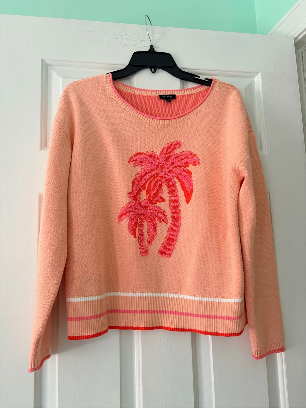 Talbots Peach Sweater with Pink Palm Tree Motif